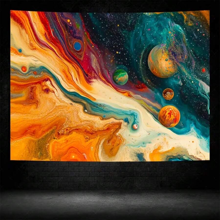 Cosmic wall hanging displayed above sofa as bold living room feature wall