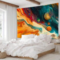 Psychedelic space tapestry shown above bed as colorful bedroom decor