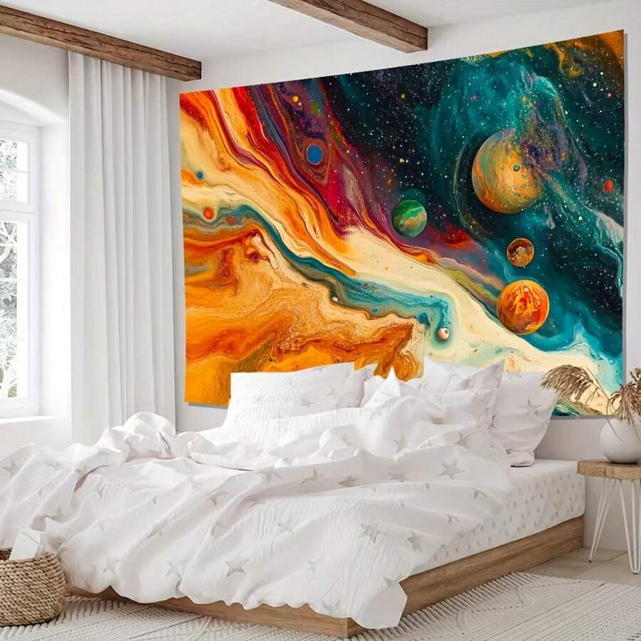 Psychedelic space tapestry shown above bed as colorful bedroom decor