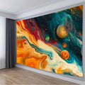 Large abstract space art tapestry with black starfield and fluid marble style