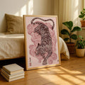 Japanese-inspired tiger wall print above a bed with plants and books