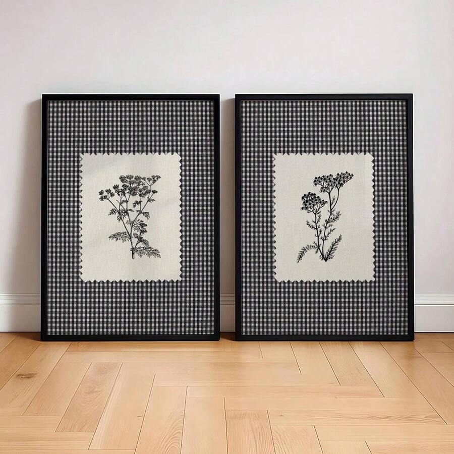 Pair of black botanical gingham canvas posters in slim black frames