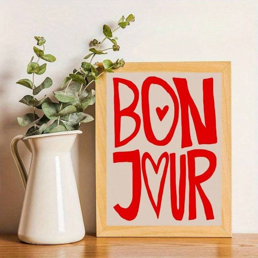 Front view of Bonjour letter canvas poster for modern home wall decor