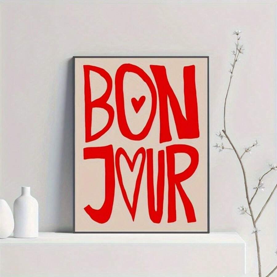 Angled view of modern Bonjour poster for apartment and gallery wall decor