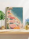 Seaside painting with textured brush look ocean water and colorful beach chairs