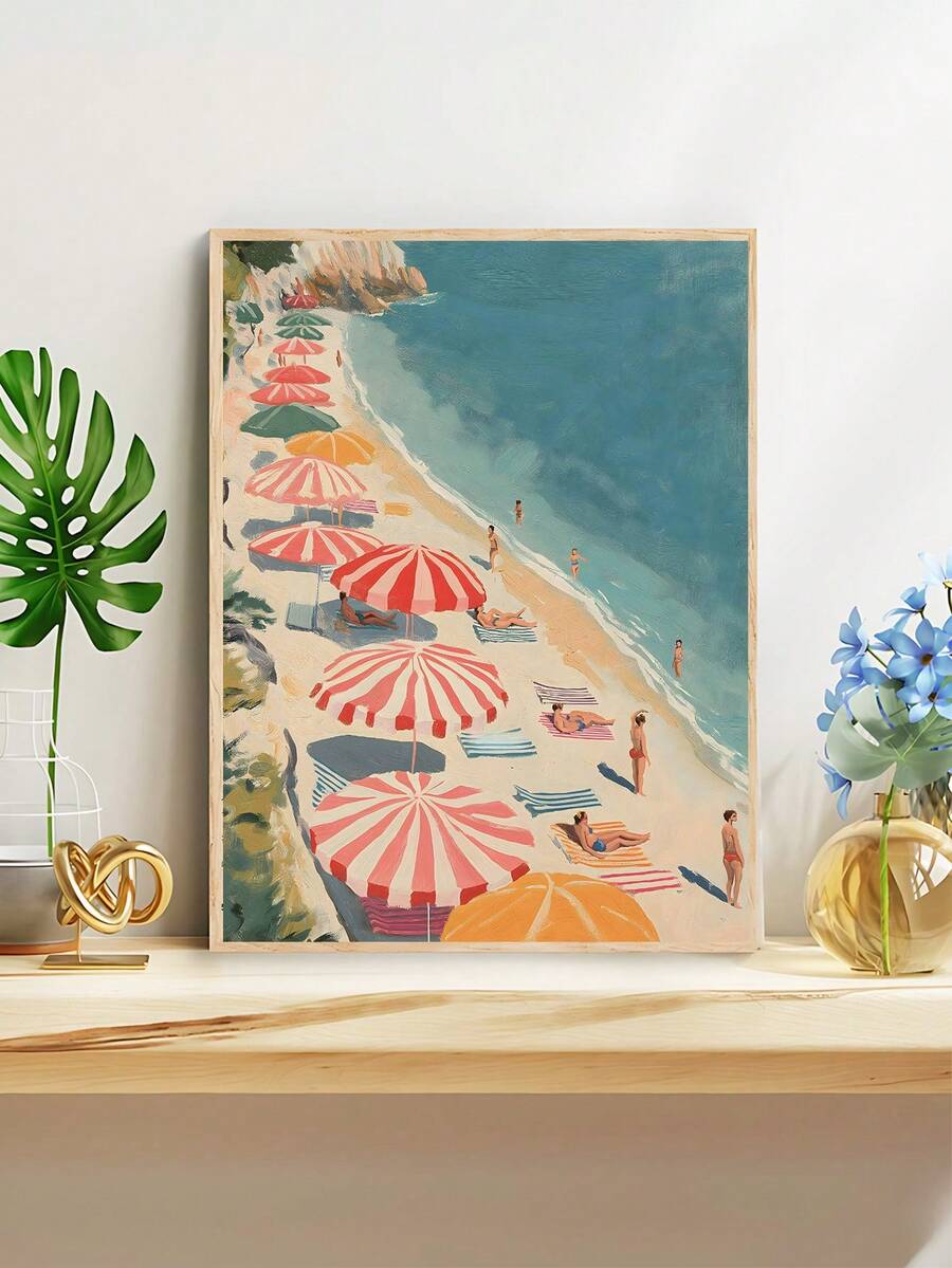 Seaside painting with textured brush look ocean water and colorful beach chairs