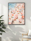 Coastal print in painterly summer style with aqua cream coral pink and sand tones