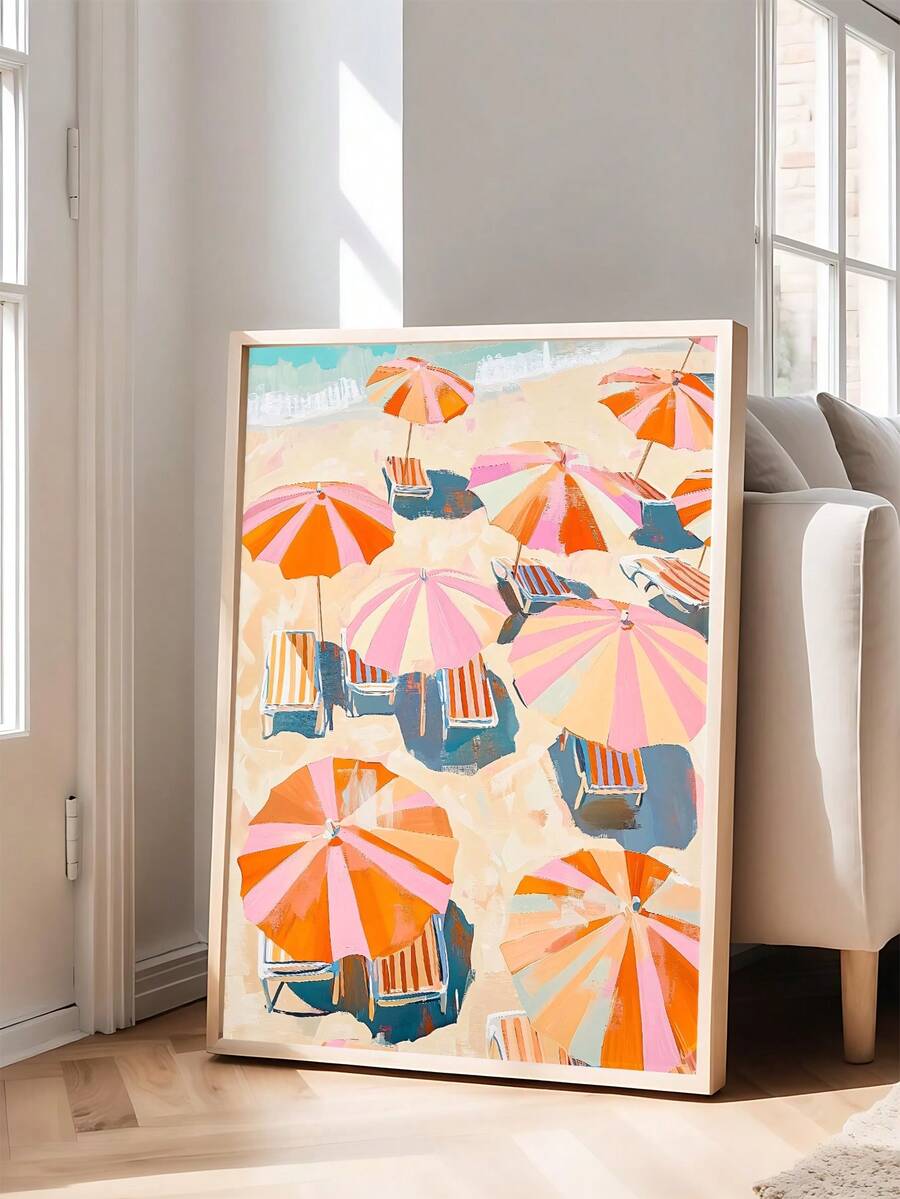 Beach umbrella art framed canvas for sunroom vacation home and seaside decor