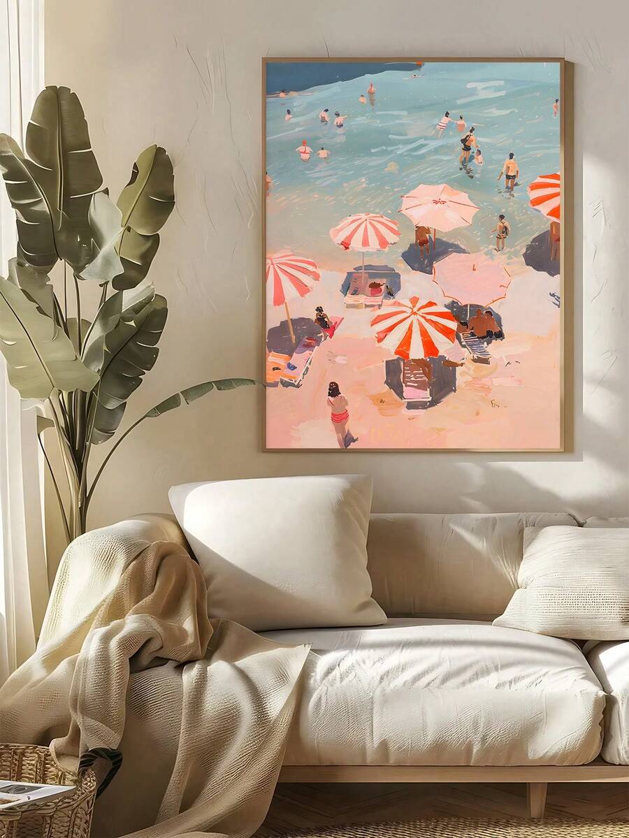 Vintage Aerial Beach Umbrella & Coastal Surfboard Canvas Poster 