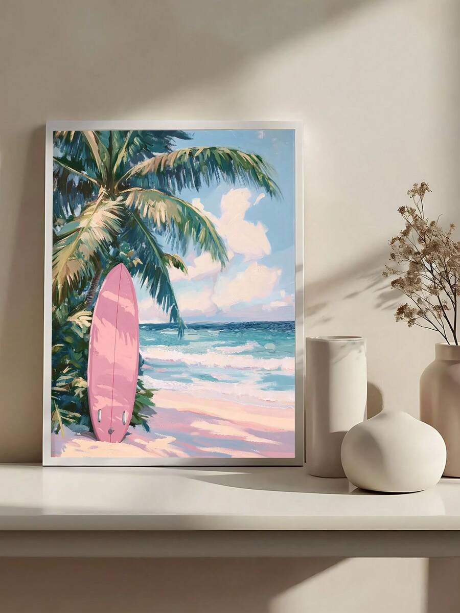 Vintage Aerial Beach Umbrella & Coastal Surfboard Canvas Poster 
