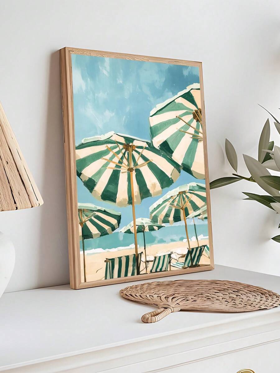 Vintage Aerial Beach Umbrella & Coastal Surfboard Canvas Poster 