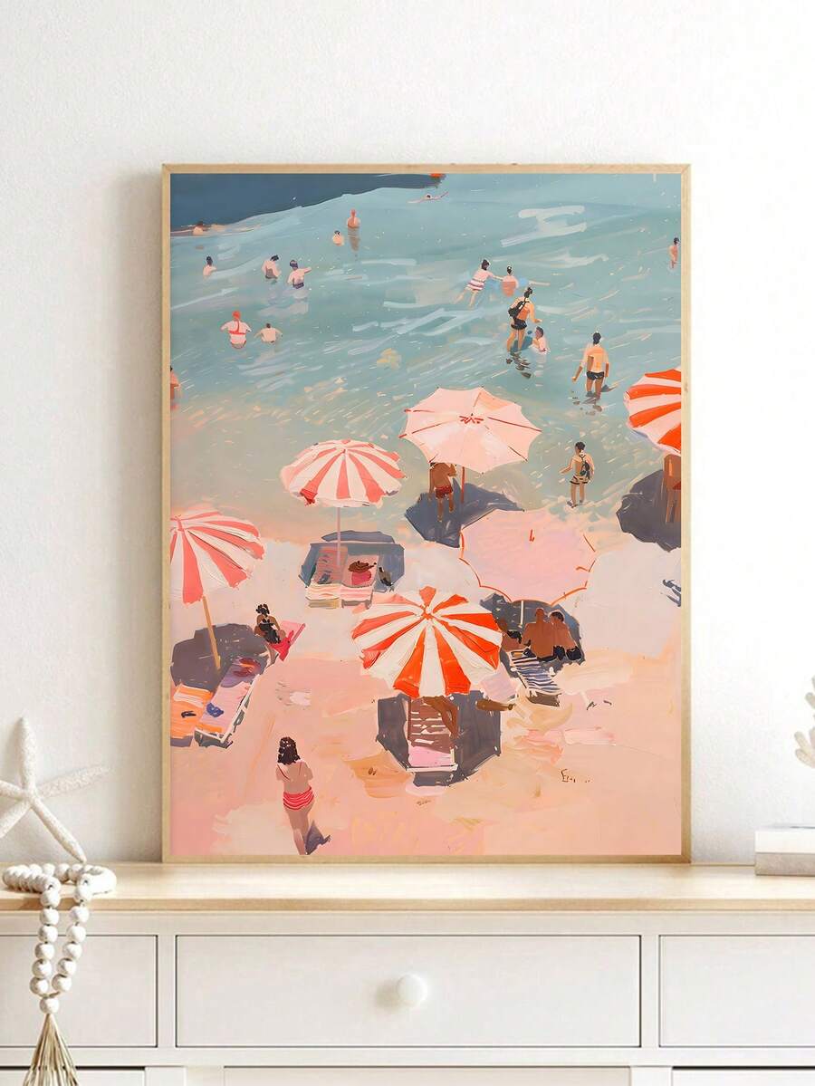 Vintage Aerial Beach Umbrella & Coastal Surfboard Canvas Poster 