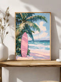 Vintage Aerial Beach Umbrella & Coastal Surfboard Canvas Poster 