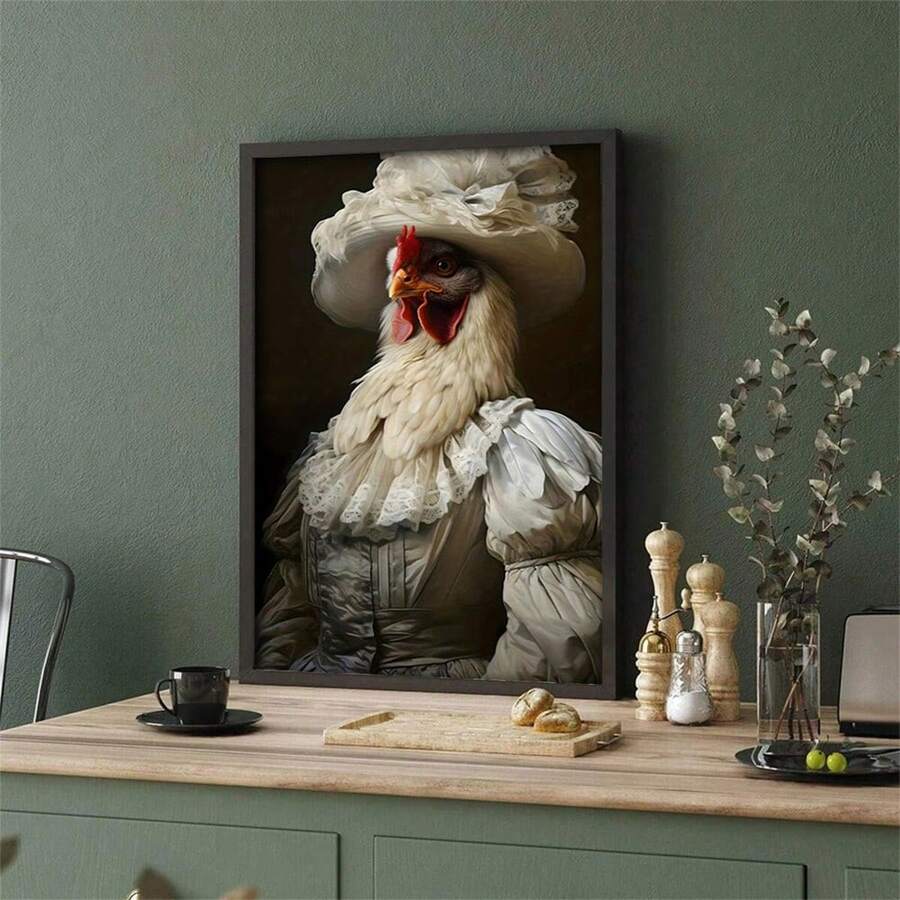 Victorian rooster canvas wall art with lace hat and vintage oil painting style