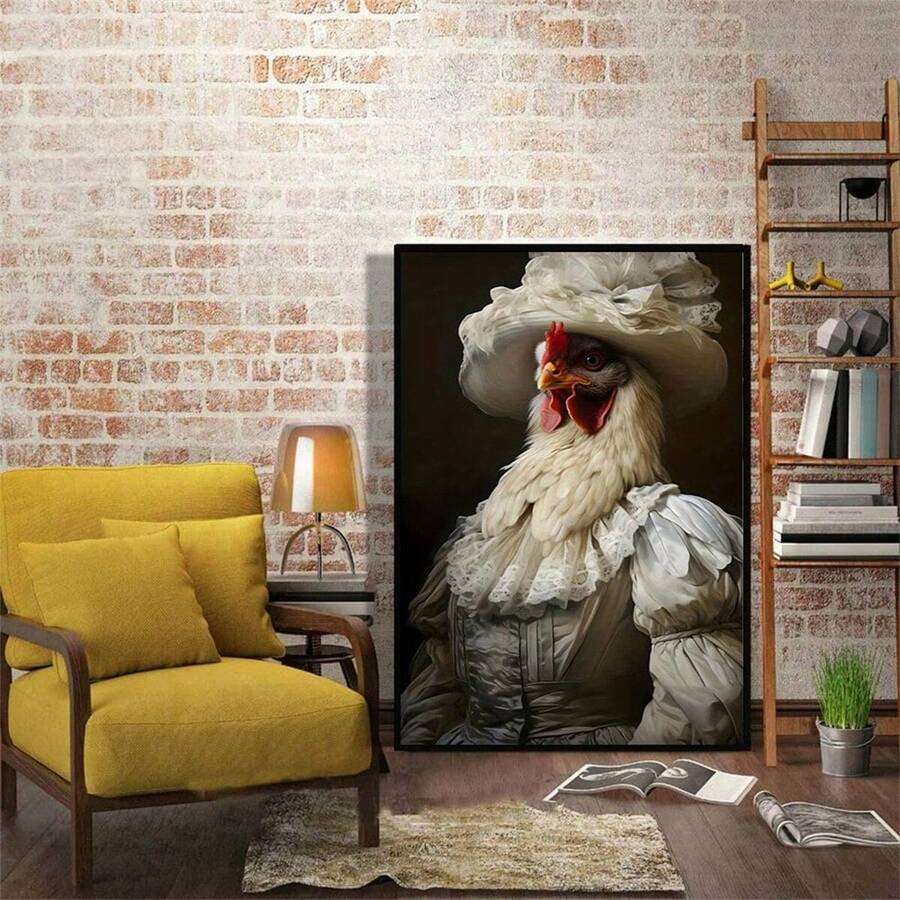 Victorian rooster canvas wall art with lace hat and vintage oil painting style