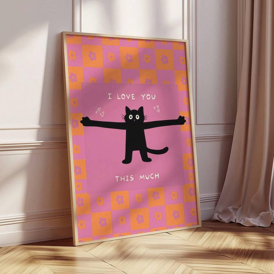 Cute black cat wall art with pink checkerboard border in a framed display