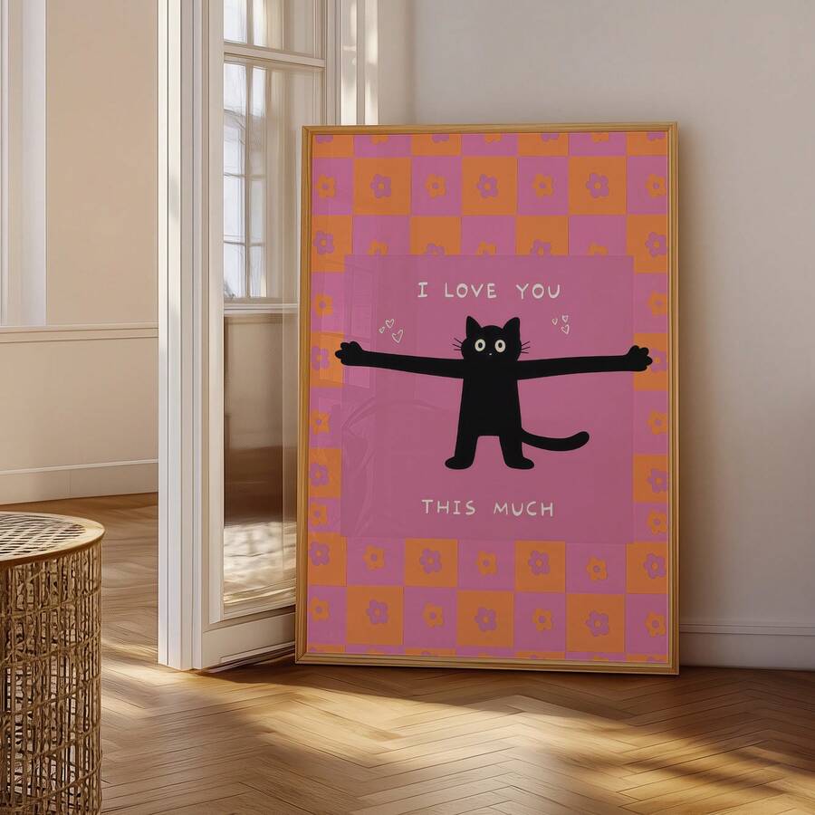 Black cat typography canvas art in a warm neutral living space