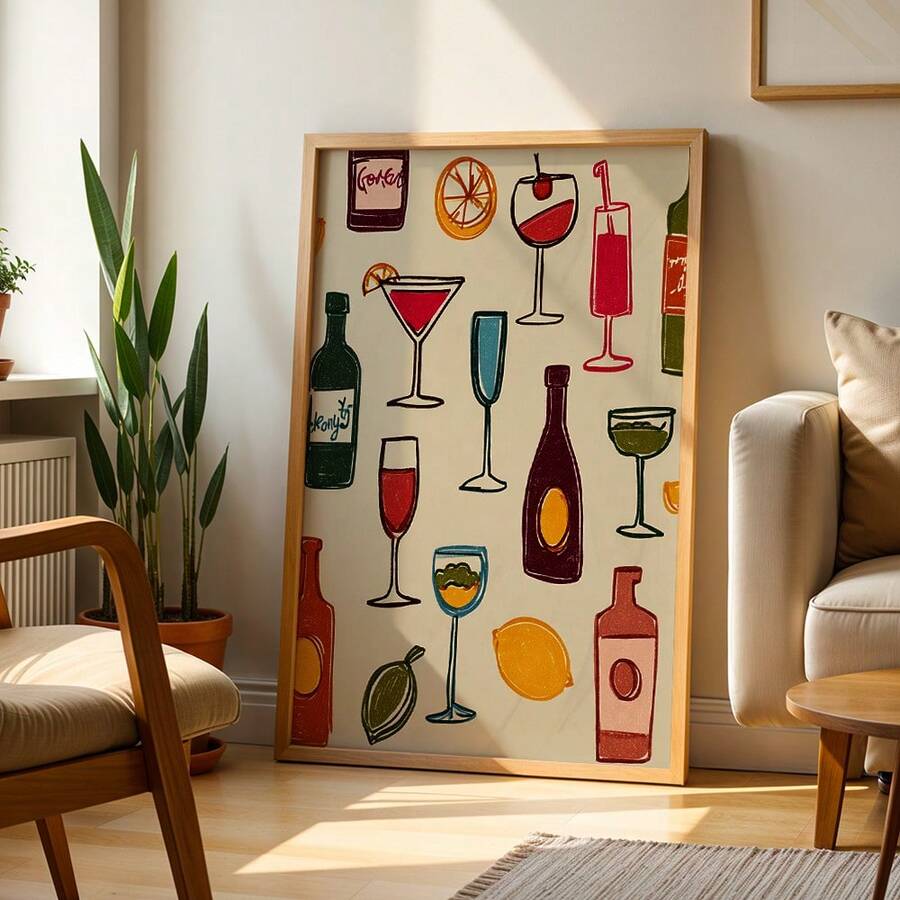 Colorful vintage drink cups canvas poster with playful café illustrations