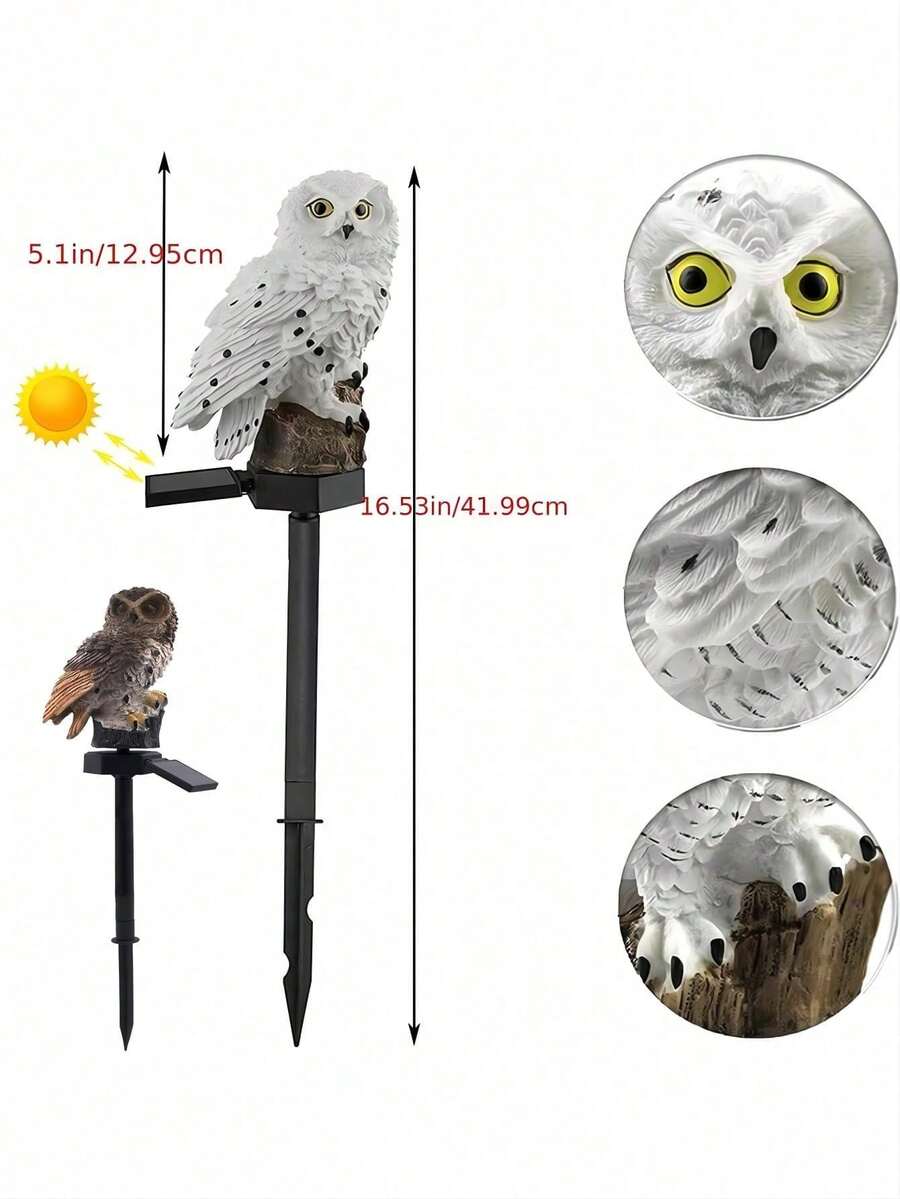 Owl garden stake light with side solar panel and stump detail