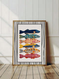 Nautical kitchen wall art in bright fish folk-art colors