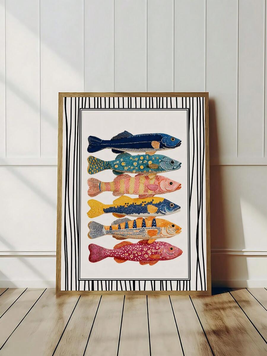 Nautical kitchen wall art in bright fish folk-art colors