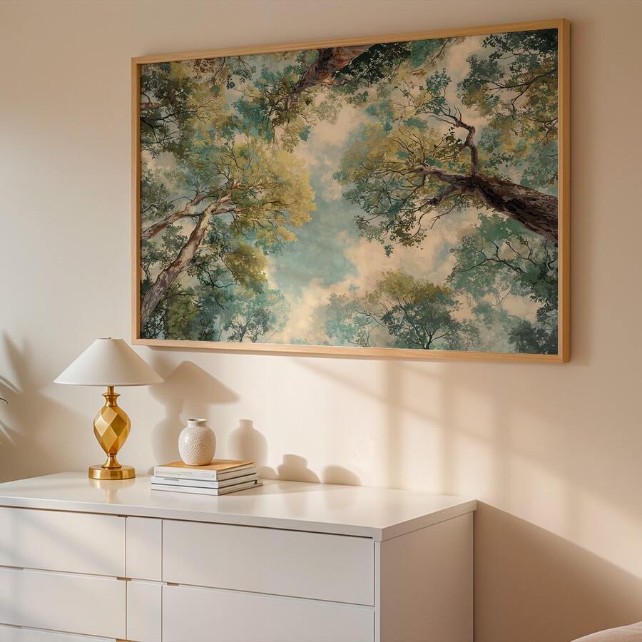 Front view of retro pine forest canvas art print for calm bedroom decor