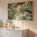 Close-up view of scenic woodland wall art on waterproof canvas