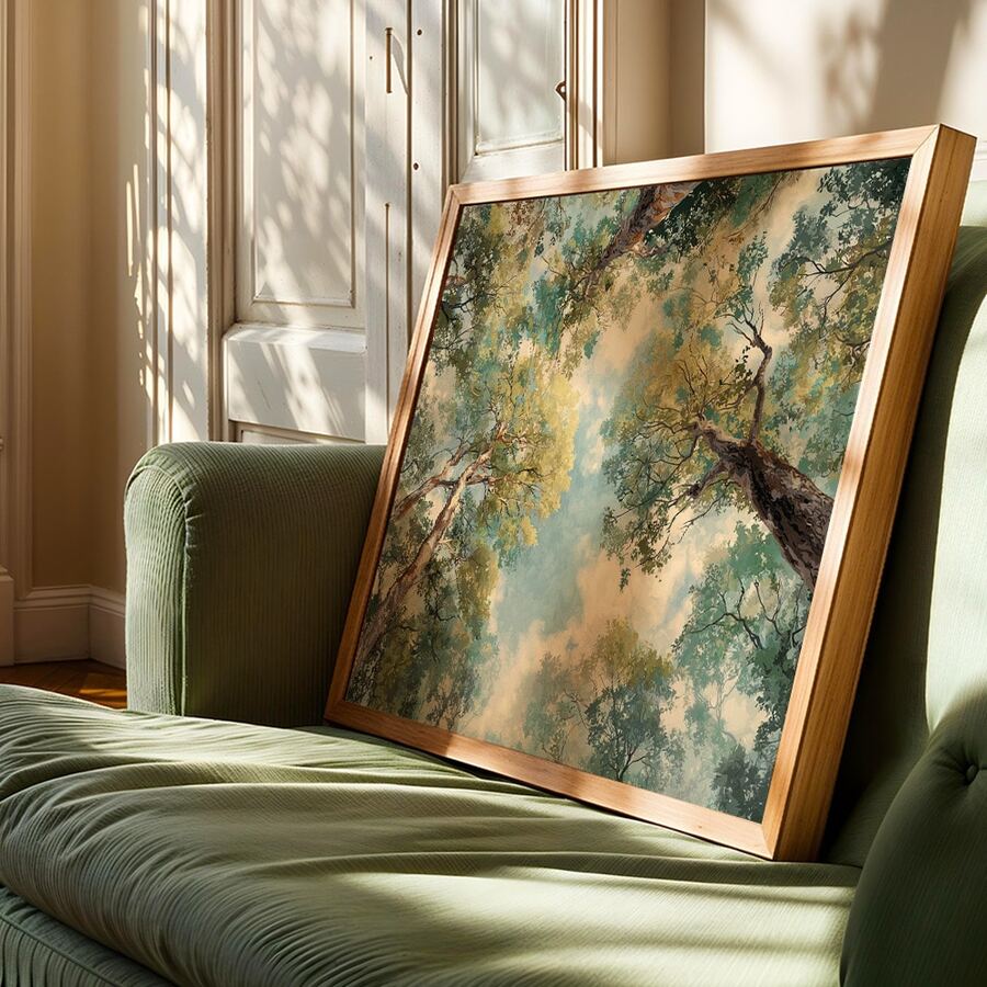 Styled display of pine forest canvas print for a cozy living room wall