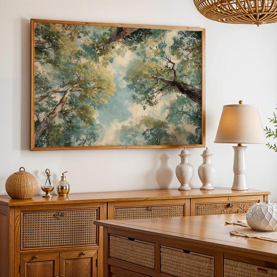 Front view of retro pine forest canvas art print for calm bedroom decor