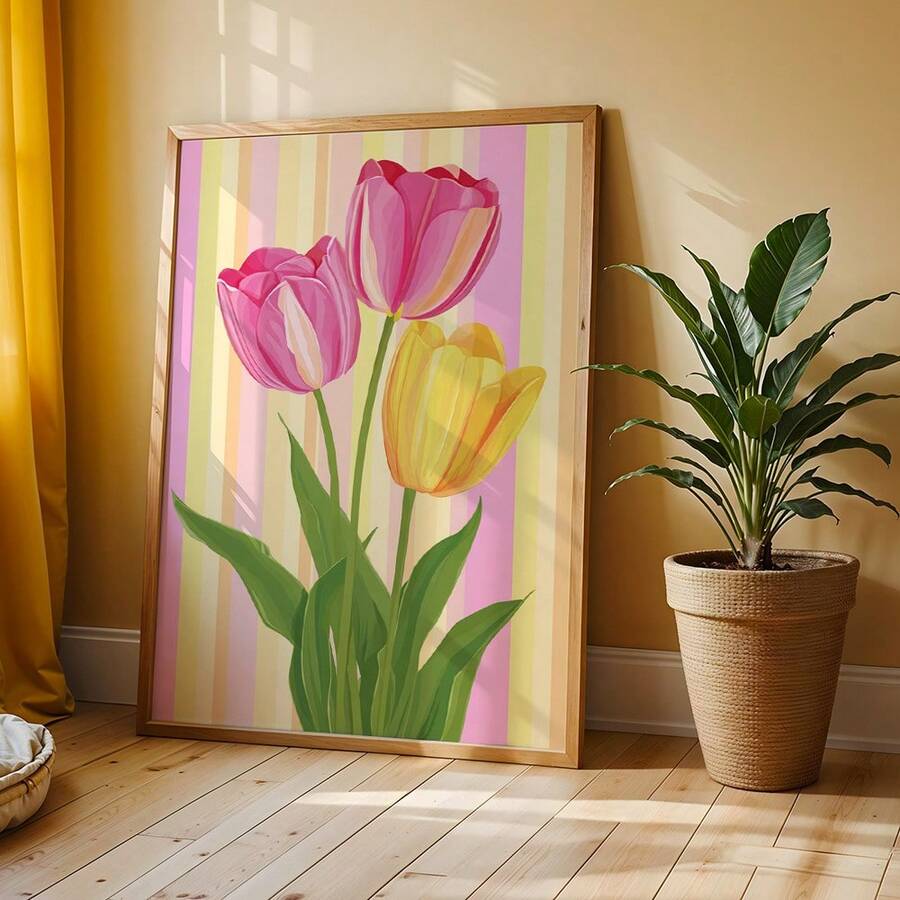Tulip floral wall art in a natural wood frame beside a houseplant