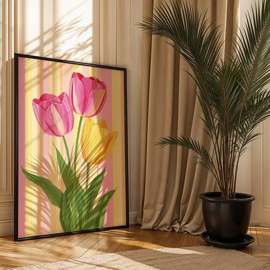Bold floral tulip wall print in a black frame with palm and rug