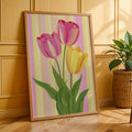 Retro pink and yellow tulip poster styled in a warm modern room