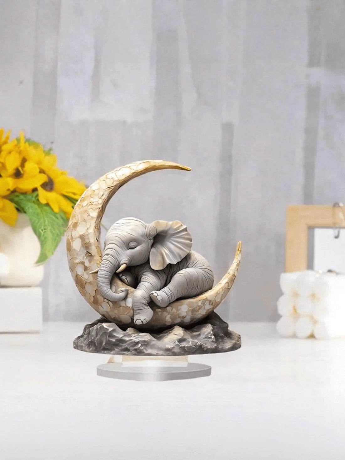 Acrylic 2D crescent moon elephant sign on oval stand base.