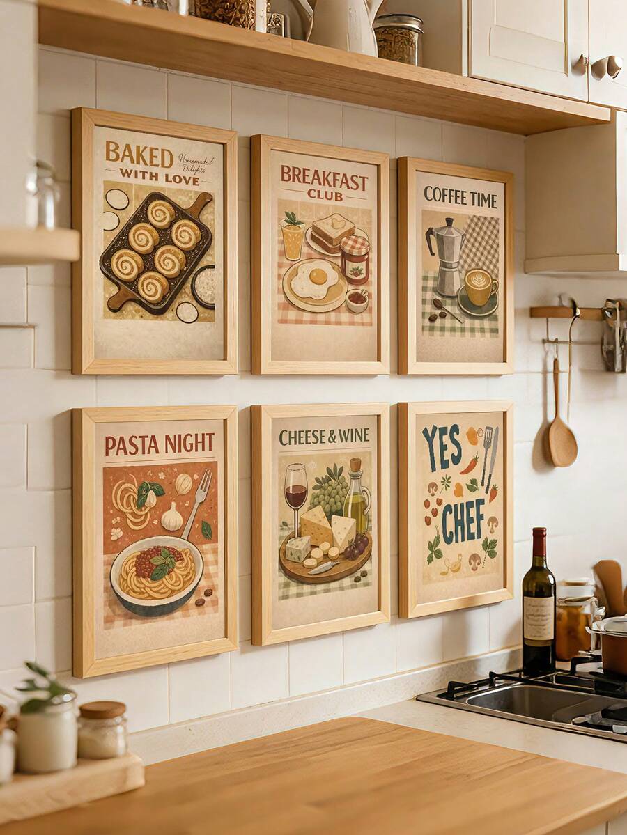 Coffee pasta canvas print set above kitchen counter