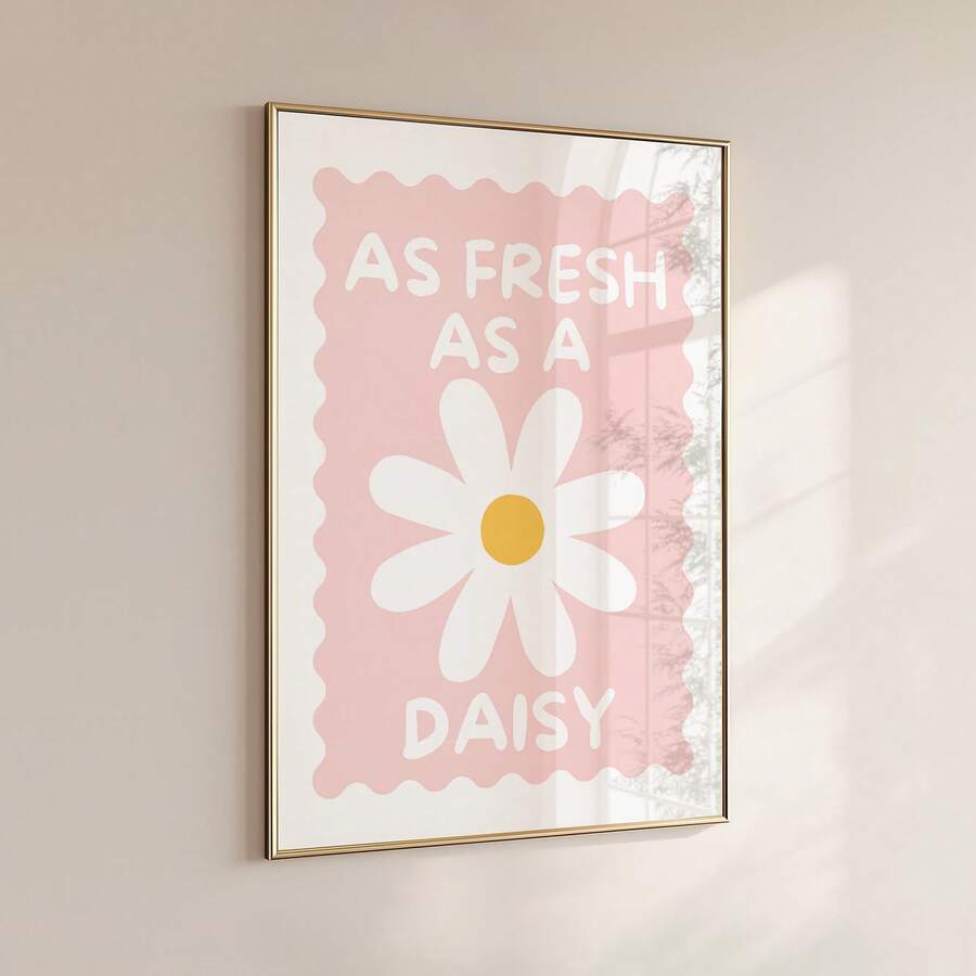 Pink daisy typography poster mounted on neutral wall