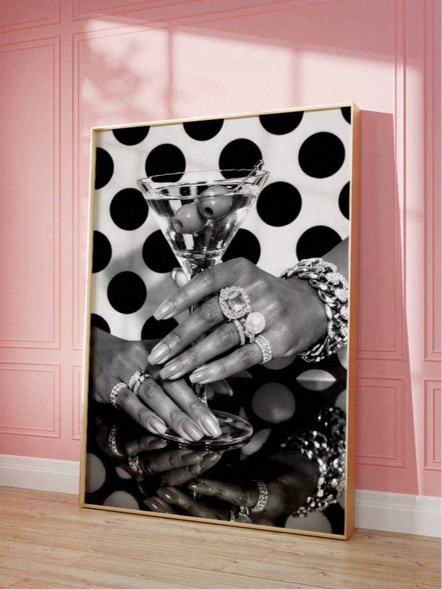 Black and white martini cocktail canvas wall art for vintage bar cart decor