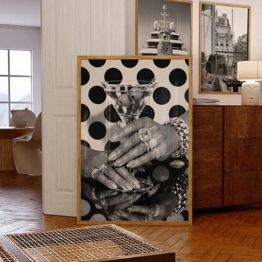 Black and white martini cocktail canvas wall art for vintage bar cart decor