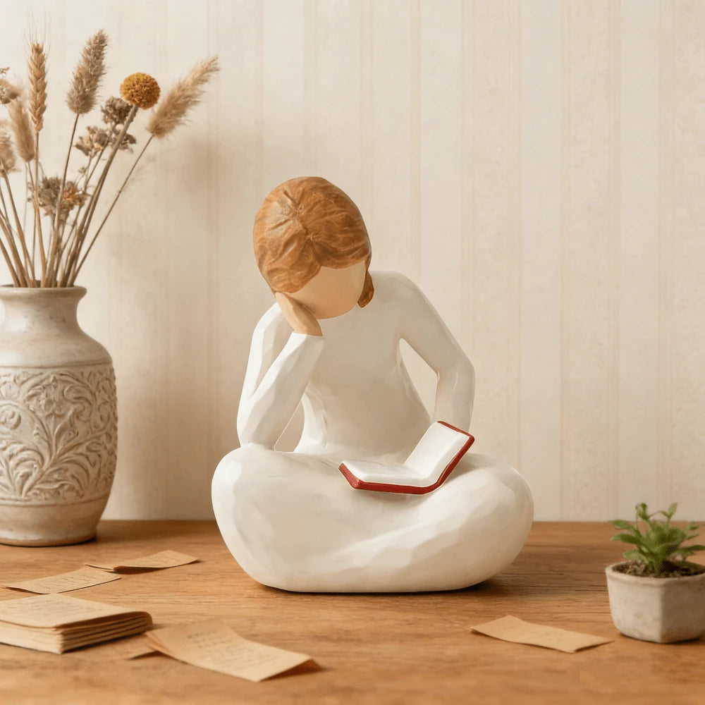 Size graphic showing reading girl ornament about 8.5 cm high and 6.6 cm wide.