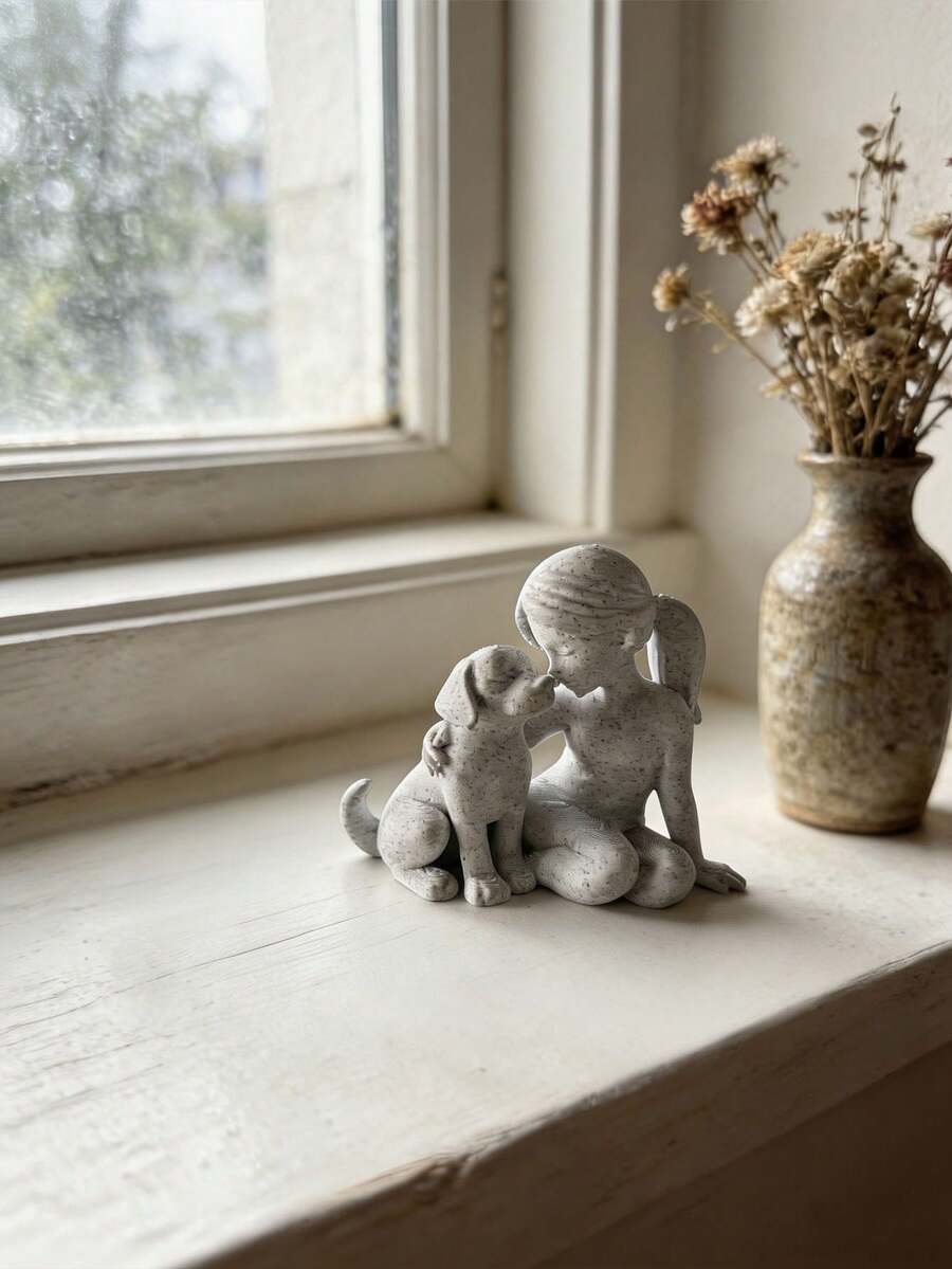 Girl kissing dog figurine displayed on wood shelf near books and lamp.