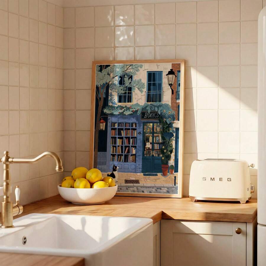 Bookstore dog poster on sunny kitchen counter beside lemons and cream toaster
