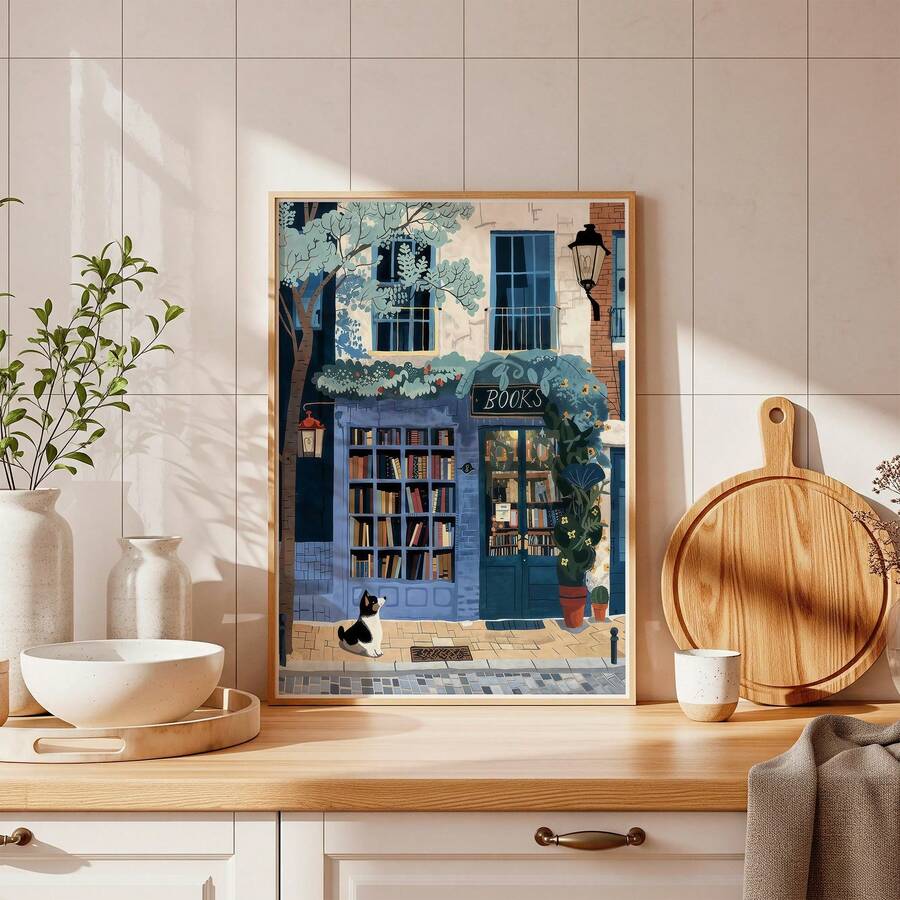 Framed cozy bookstore poster with black white dog on classic paneled wall