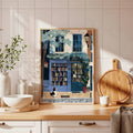 Cozy bookstore dog poster leaning on kitchen counter with plants and wood boards