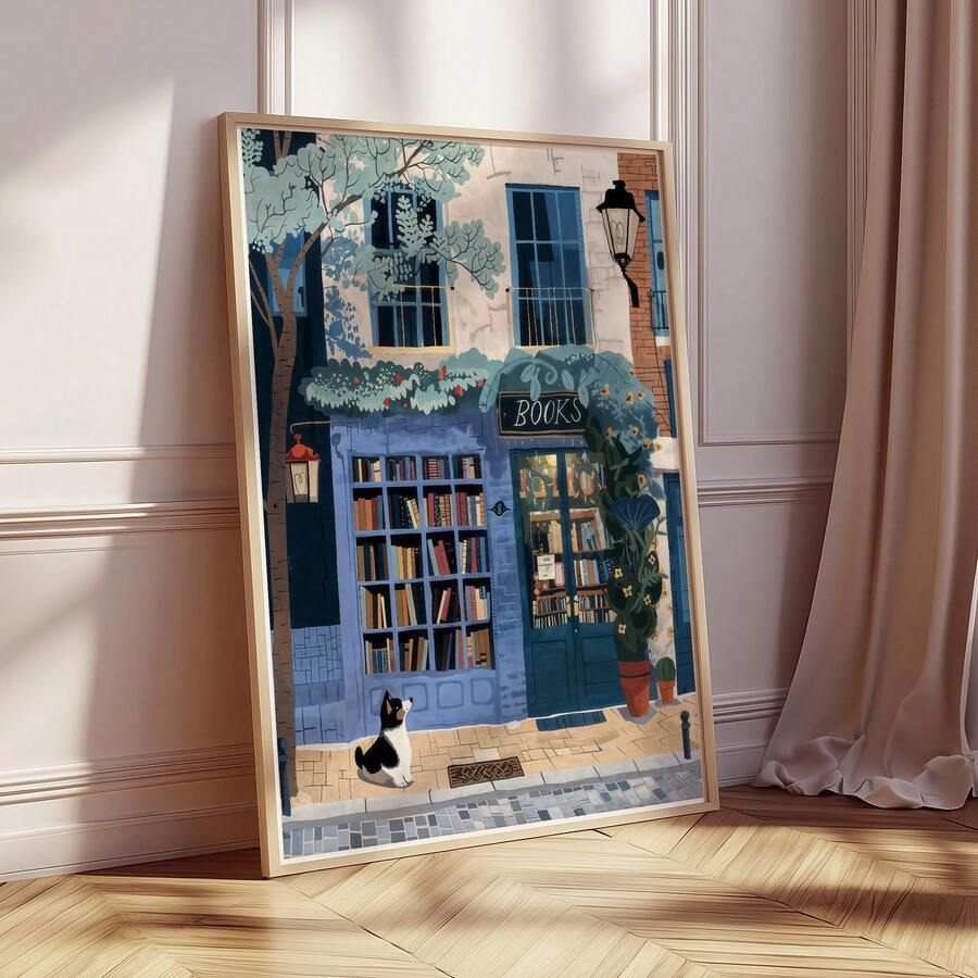 Large framed bookstore dog poster leaning on floor beside curtains in soft light