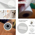 Collage of materials and products including a roll of paper, canvas, PVC pipe, and cover.