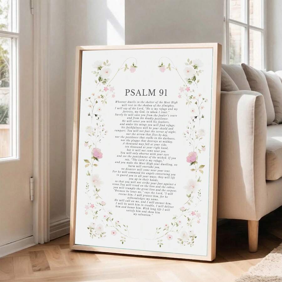 Inspire your space with this elegant Psalm 91 wall art, beautifully framed with delicate florals. Perfect for any room—living room, bedroom, home office, or kitchen—this Christian decor piece combines spiritual meaning with timeless design. The multicolor floral pattern adds warmth and grace to weddings, offices, homes, and personal sanctuaries. Crafted from quality chemical fiber material, it's a meaningful addition that brings faith and beauty together in one stunning piece.
