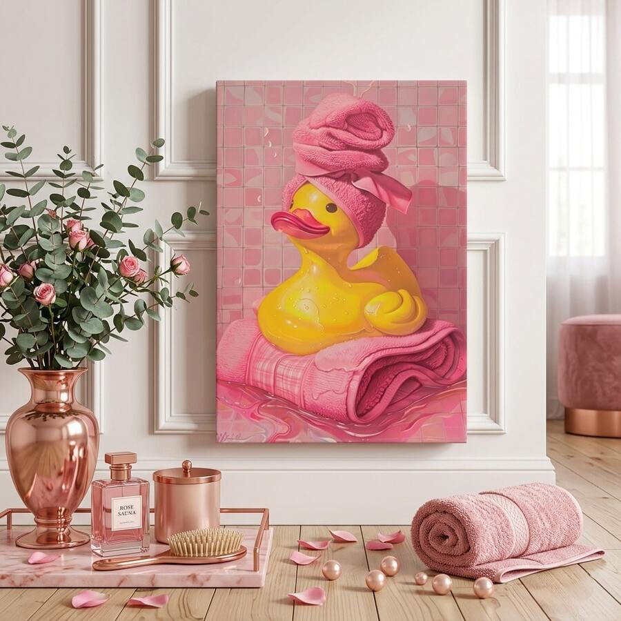 Pink duck canvas art with towel turban in bath scene