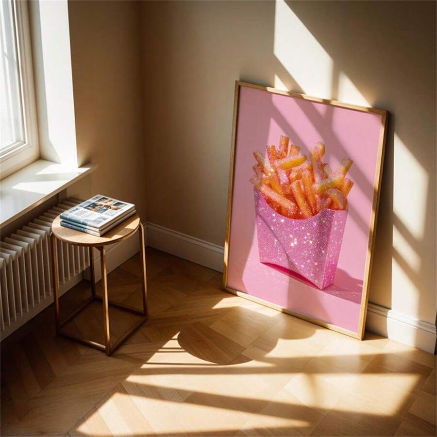 Sparkling French Fries Pink Pop Art Canvas poster with vibrant color and playful style. Perfect for kitchens, cafés, bedrooms, dorms, and fun decor.