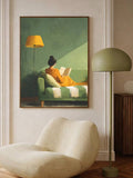 Green reading woman canvas with female reader on sage green chaise lounge