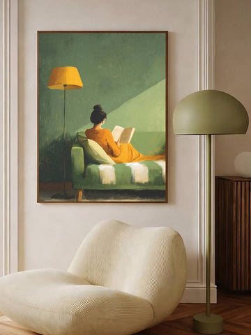Green reading woman canvas with female reader on sage green chaise lounge
