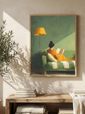 Female reader wall art shown with floor lamp and calm minimalist interior